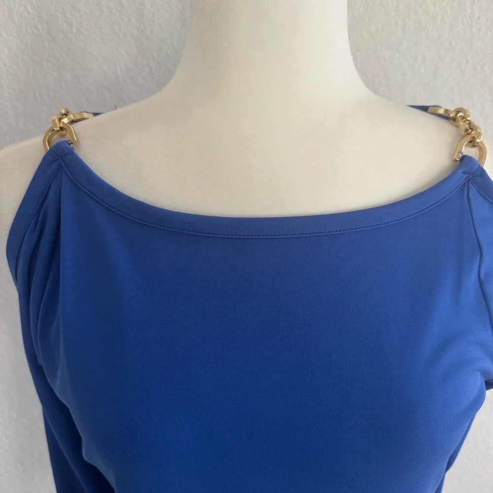 Michael Kors Royal Blue Cold Shoulder Blouse with Gold Shoulder Chain Accents